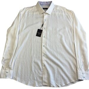 Masutto Linen Shirt Mens 3XL White Long Sleeve Contrasting Trim Flip Cuffs NWT